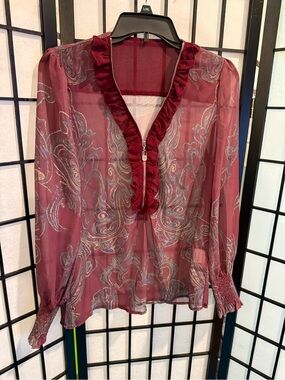 Women's Sheer Burgundy Paisley Ruffle V-Neck Blouse (G2)